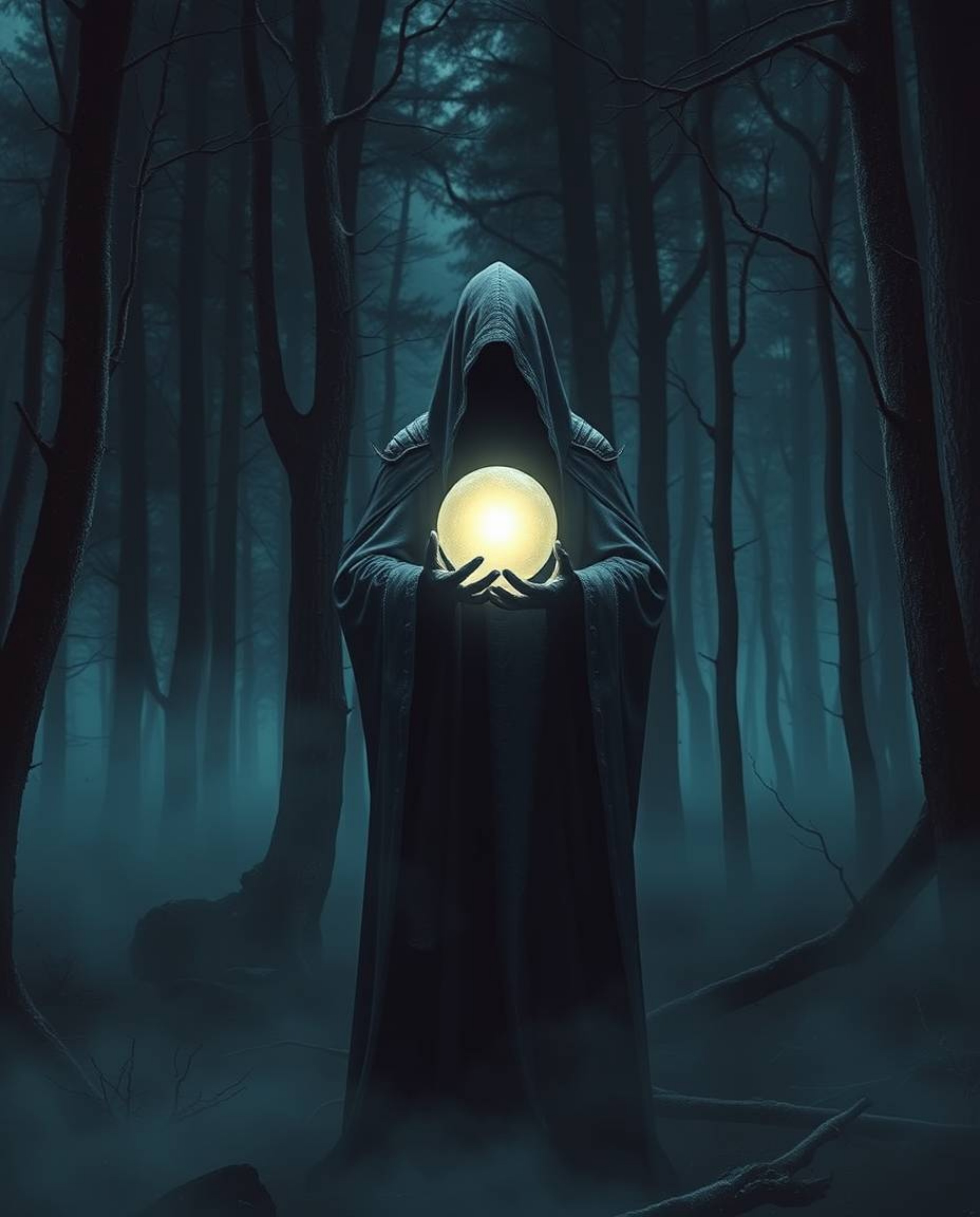 A cloaked figure shrouded in mystery stands within a misty forest, holding a glowing orb that illuminates the eerie scene. Th