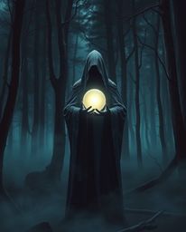A cloaked figure shrouded in mystery stands within a misty forest, holding a glowing orb that illuminates the eerie scene. Th