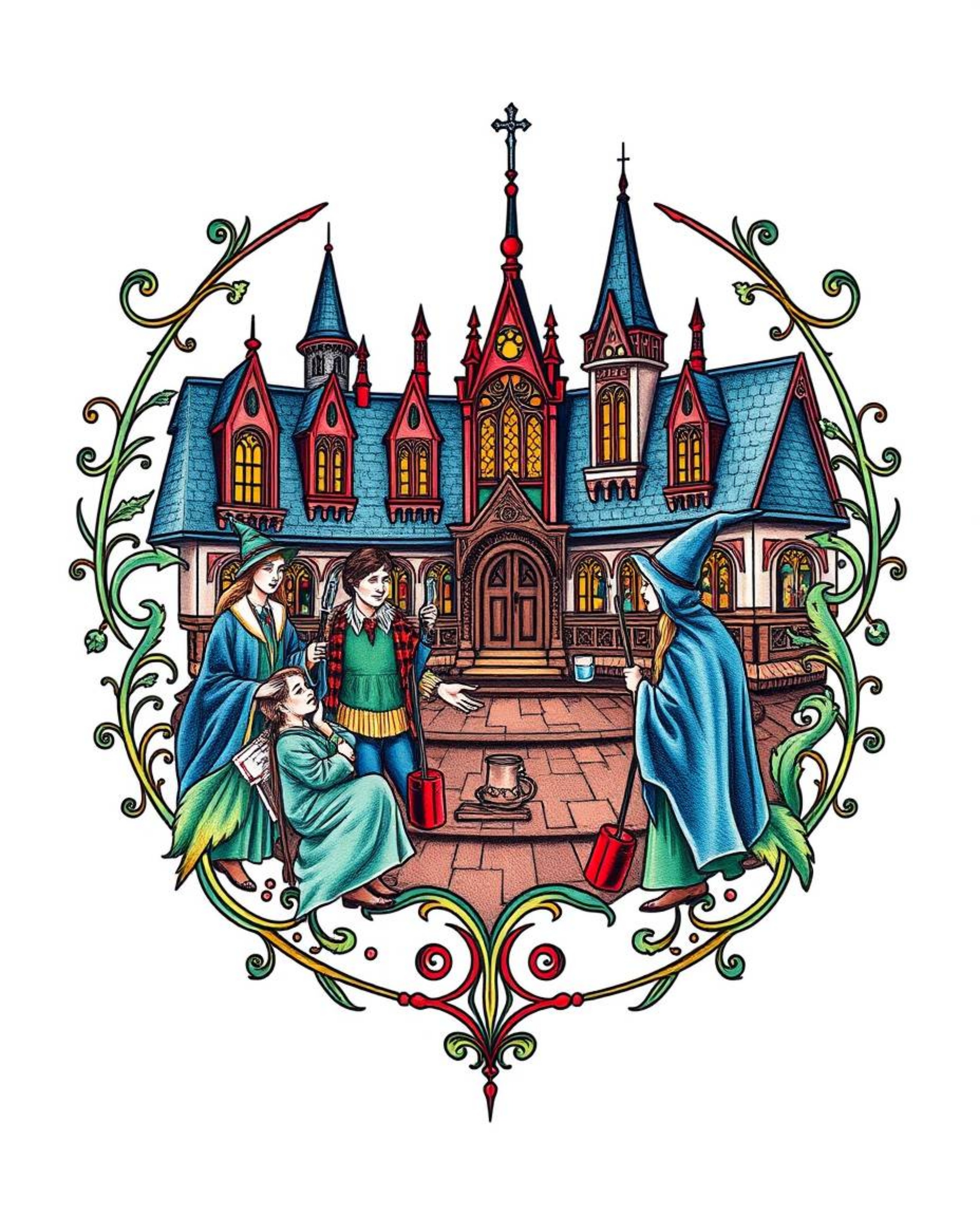 Discover a captivating symbolic traditional tattoo art print depicting a magical school brimming with young wizards.  Rendere