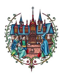 Discover a captivating symbolic traditional tattoo art print depicting a magical school brimming with young wizards.  Rendere