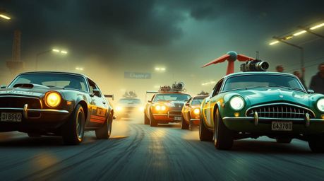 Experience a wild and wacky racing spectacle featuring incredibly outlandish cars in a strong and moody style. This scene sho