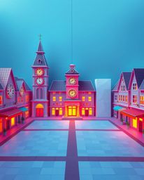 Discover a stunning origami-style illustration of an empty town square filled with ticking clocks.  The image boasts electric