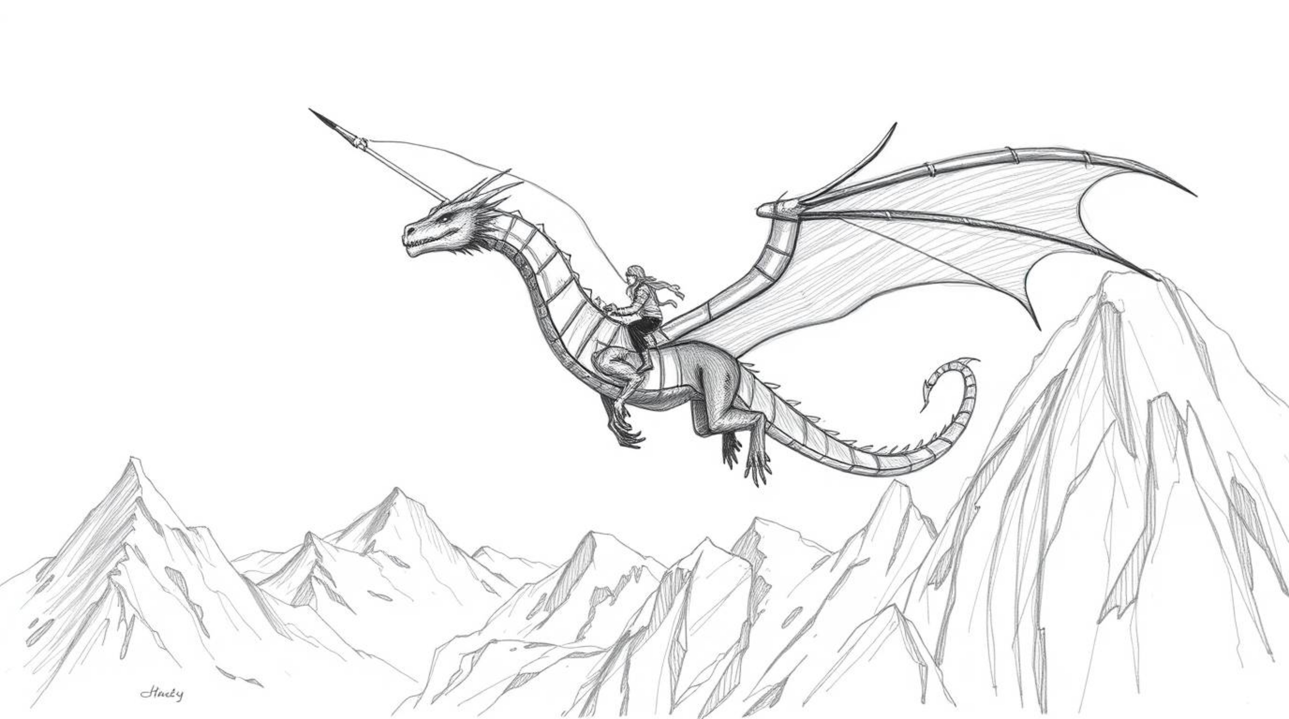 A breathtaking hand-drawn sketch depicts a dragon and its rider soaring majestically above a range of icy mountains.  Rendere
