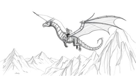 A breathtaking hand-drawn sketch depicts a dragon and its rider soaring majestically above a range of icy mountains.  Rendere