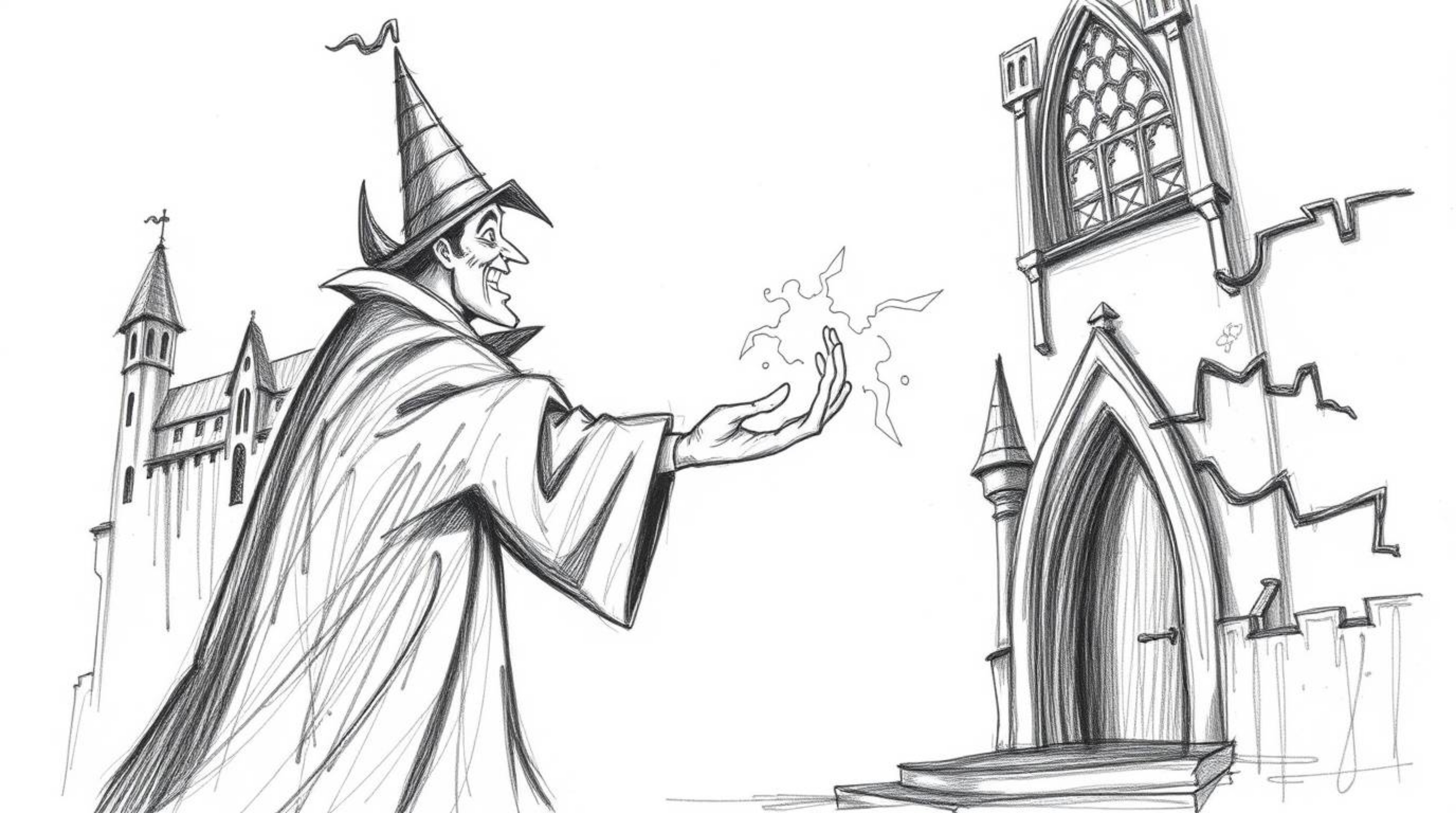 A hand-drawn pencil sketch depicts a classic Disney villain casting a spell within the aged walls of an old castle. The artwo