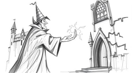 A hand-drawn pencil sketch depicts a classic Disney villain casting a spell within the aged walls of an old castle. The artwo