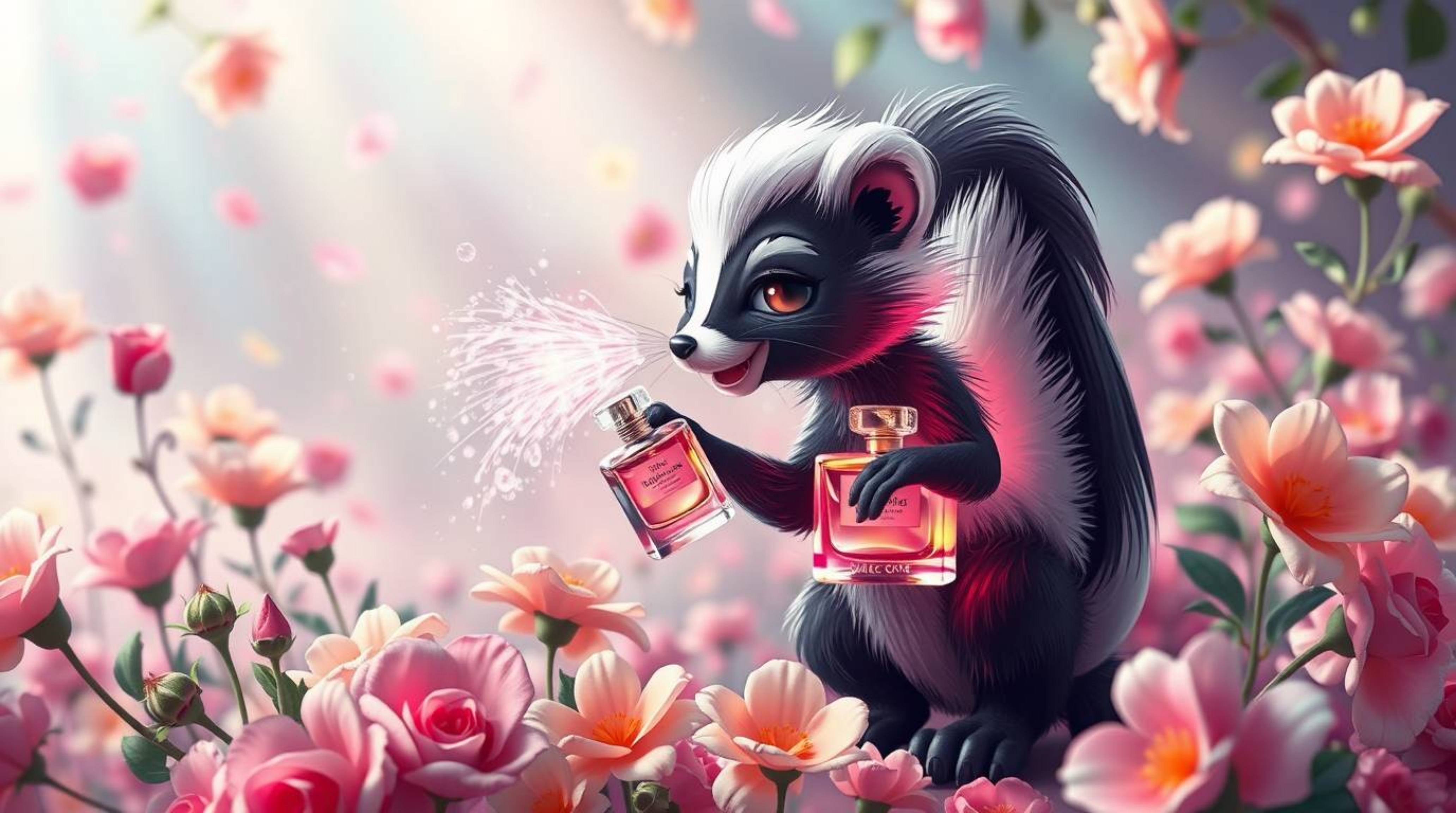 Experience a whimsical and dreamlike scene featuring a cartoon skunk spraying perfume onto flowers. This surreal image incorp