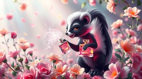 Experience a whimsical and dreamlike scene featuring a cartoon skunk spraying perfume onto flowers. This surreal image incorp