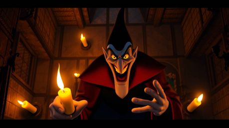 A warm and inviting image depicting a classic Disney villain with a sinister smile casting a spell within an old, atmospheric
