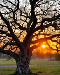 An image of a sunset behind an old oak tree with twisted branches, featuring a blurred bokeh effect that creates a beautifull