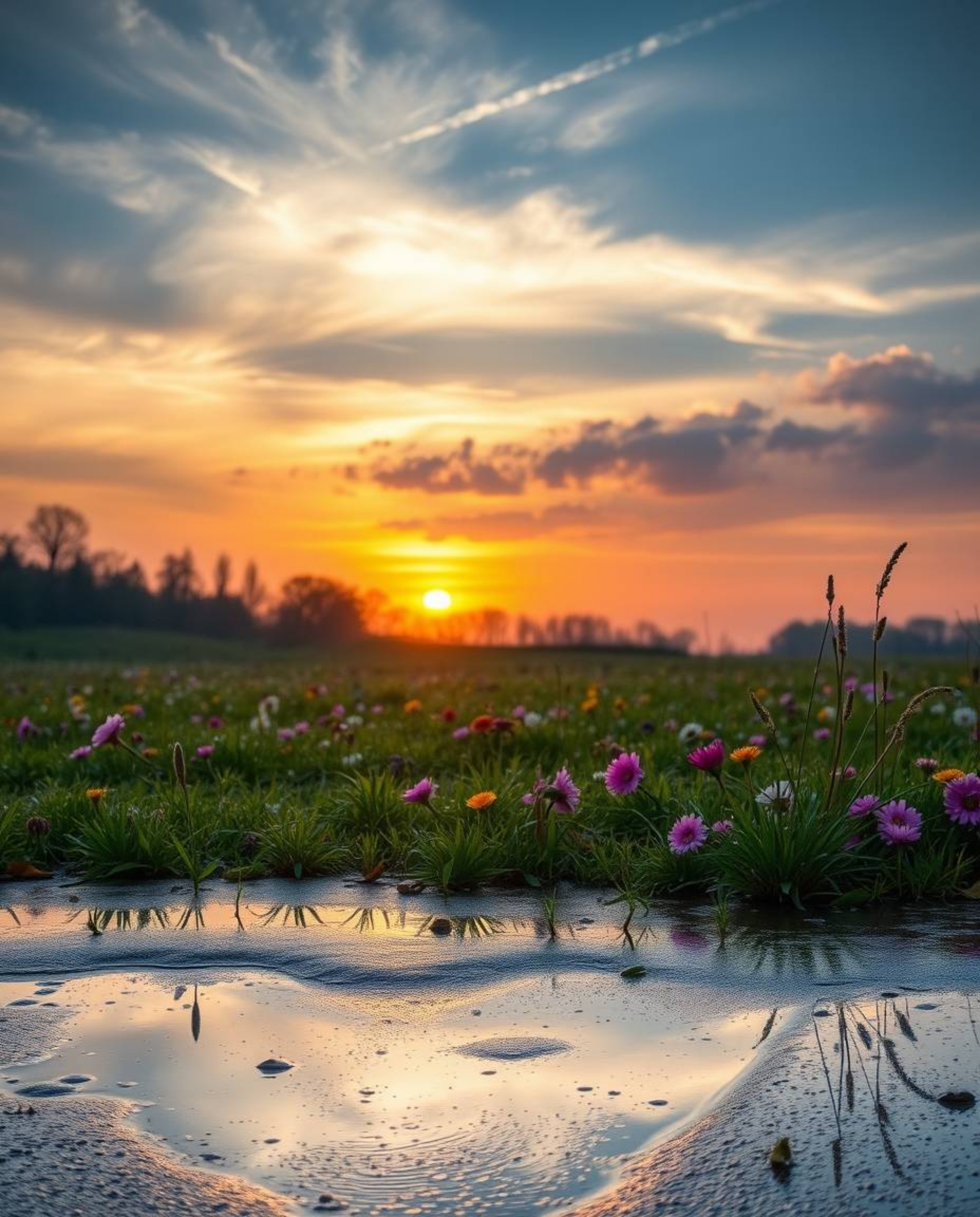 A high-resolution, professional stock photo capturing a commercial image of a serene spring sunset over a rain-soaked wildflo