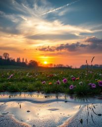 A high-resolution, professional stock photo capturing a commercial image of a serene spring sunset over a rain-soaked wildflo