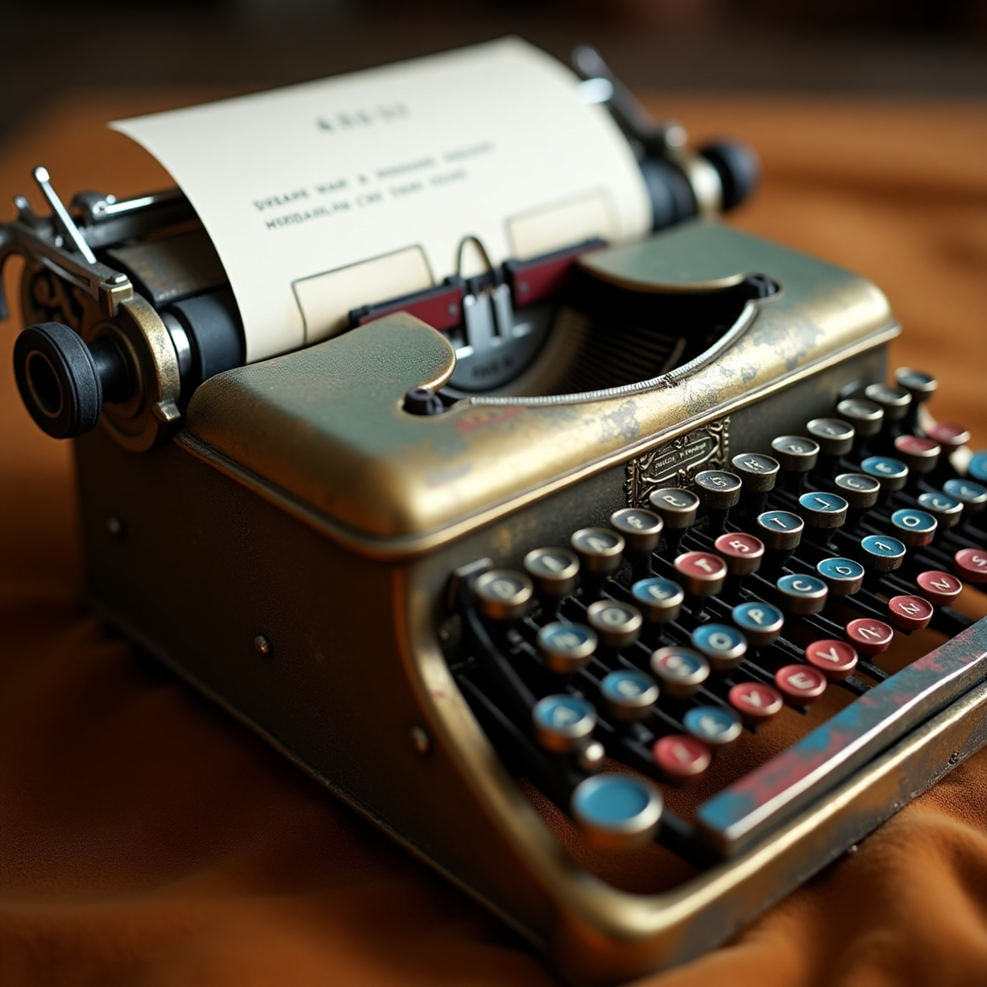 A captivating close-up shot of a vintage mechanical typewriter, highlighting its worn, golden body and ornate design.  The im