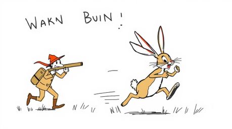 This whimsical artwork depicts a wacky rabbit engaged in a hilarious chase scene, outrunning a hunter with classic slapstick 