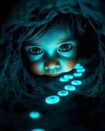 A captivating close-up shot of a child with light brown skin and curious eyes, intently following a mesmerizing trail of vibr