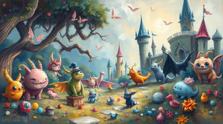 Immerse yourself in a vibrant and dreamy fantasy kingdom depicted in this bold acrylic painting. Filled with quirky magical c