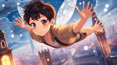 A young boy with expressive features and dark hair gracefully soars above London in an Isekai anime style, leaving a trail of