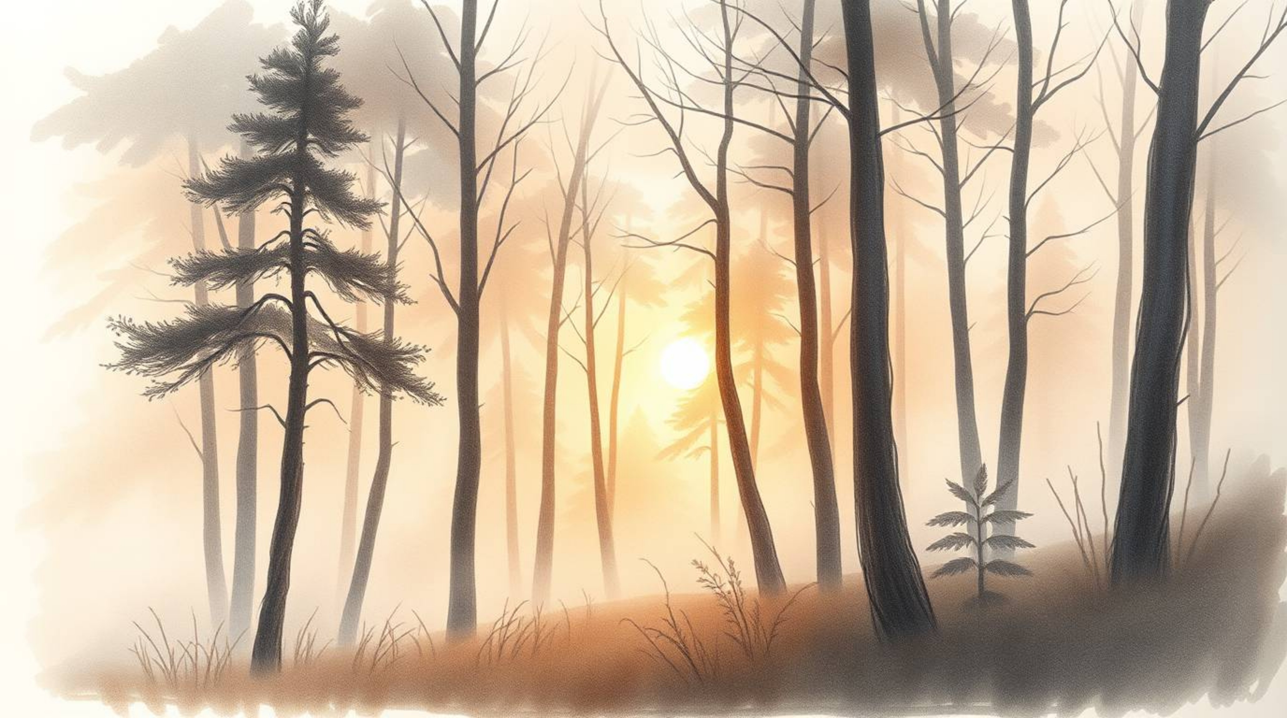 A hand-drawn color sketchnote captures the ethereal beauty of a misty forest at golden hour. The soft, dreamy atmosphere is a