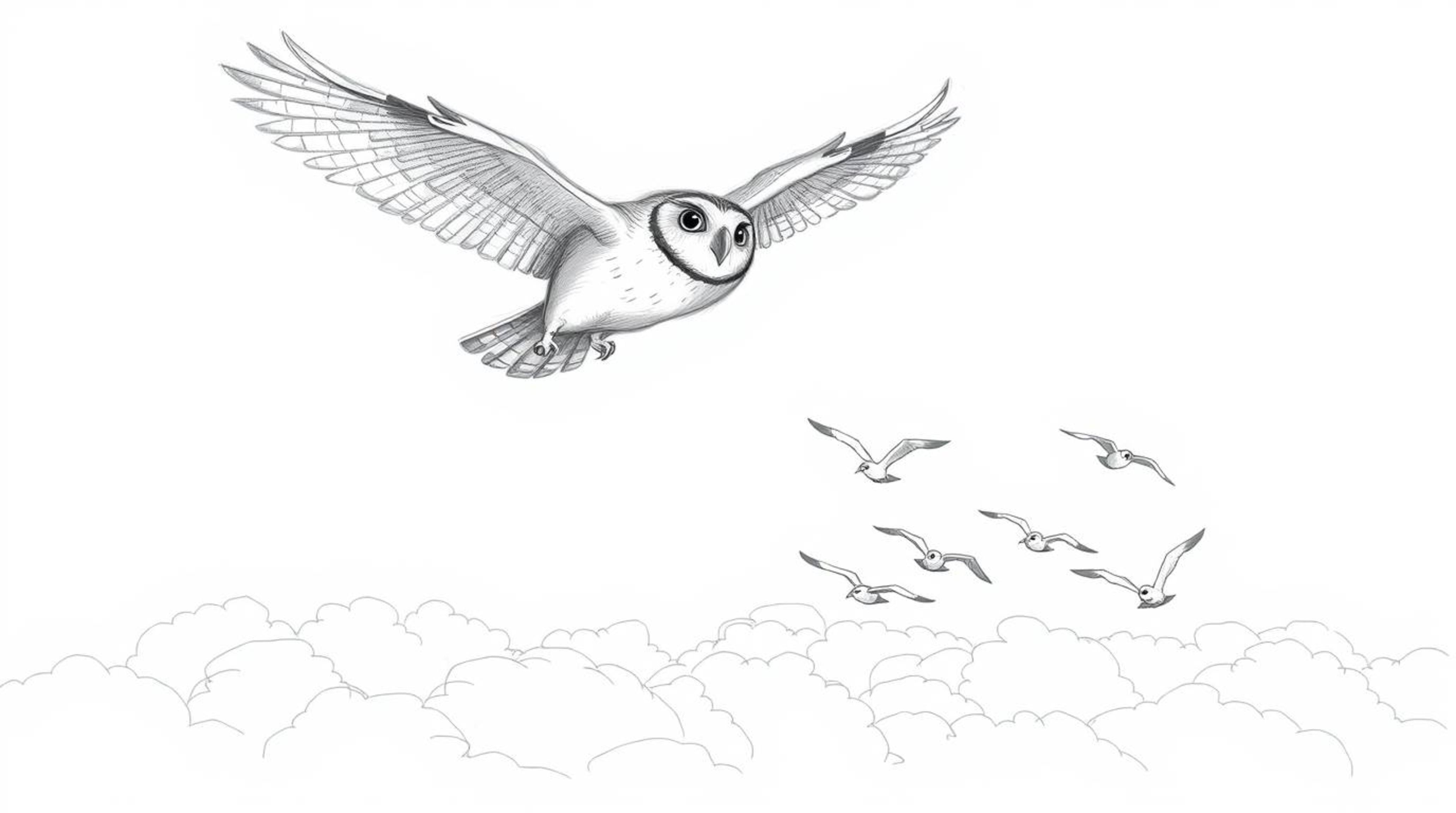 A hand-drawn, textured pencil sketch in the Pixar style depicts a majestic blind owl soaring above a field of fluffy white cl