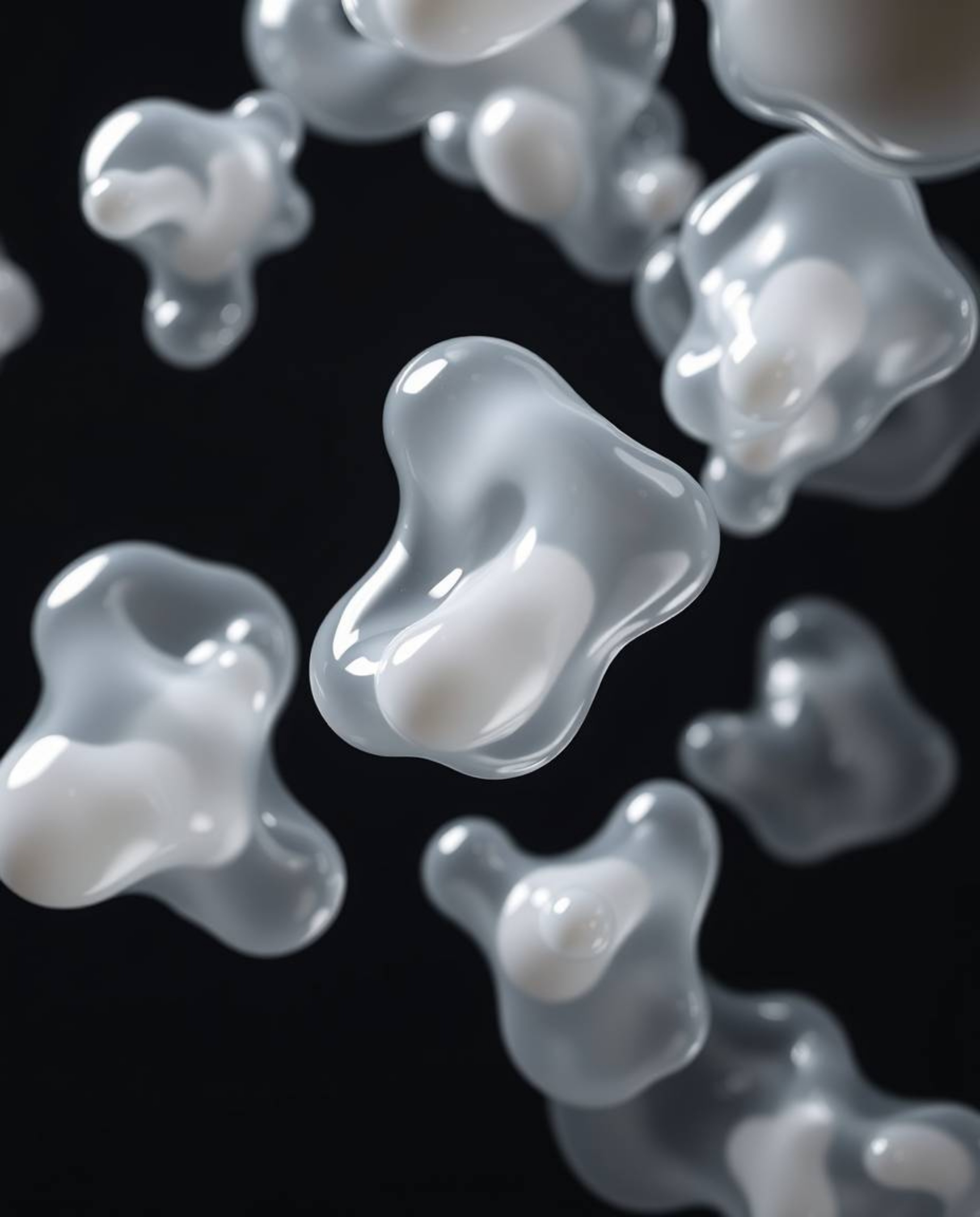 This captivating 3D render features translucent, fluid organic blobs gracefully floating in the vastness of space. Rendered i