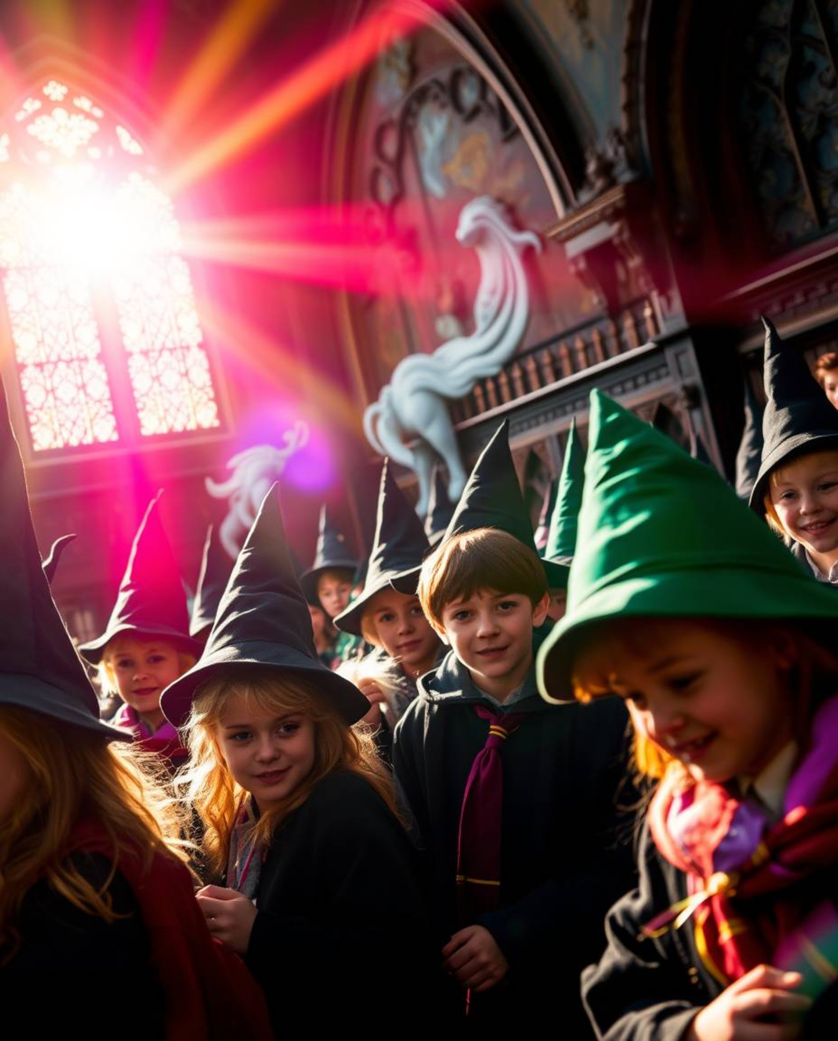 This artwork captures the enchanting atmosphere of a magical school brimming with young wizards. A tight close-up shot draws