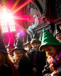 This artwork captures the enchanting atmosphere of a magical school brimming with young wizards. A tight close-up shot draws 