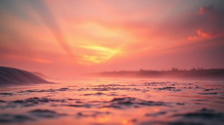 An extreme macro close-up reveals a winding river glowing with volumetric lighting under a dramatic orange-pink sky.  The ima