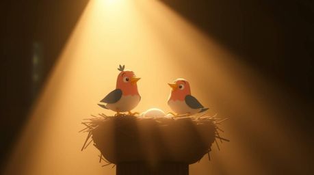 A cinematic logo featuring two cartoon birds building a nest in a classic animation style. The design incorporates volumetri