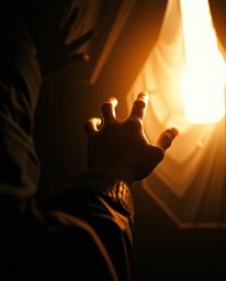 A dramatic and cinematic image depicting a hand reaching from darkness towards light, imbued with futuristic elements and a f