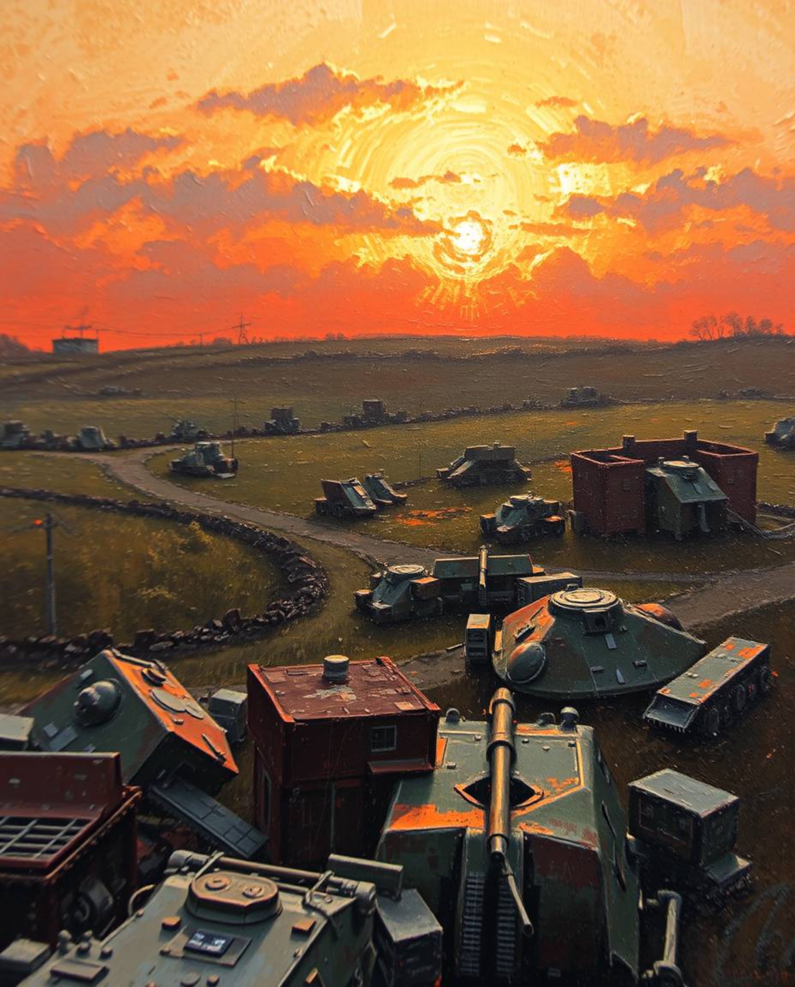 A captivating close-up oil painting depicts a sunrise over a war-torn landscape.  The artwork showcases rich textures and vis