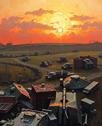 A captivating close-up oil painting depicts a sunrise over a war-torn landscape.  The artwork showcases rich textures and vis