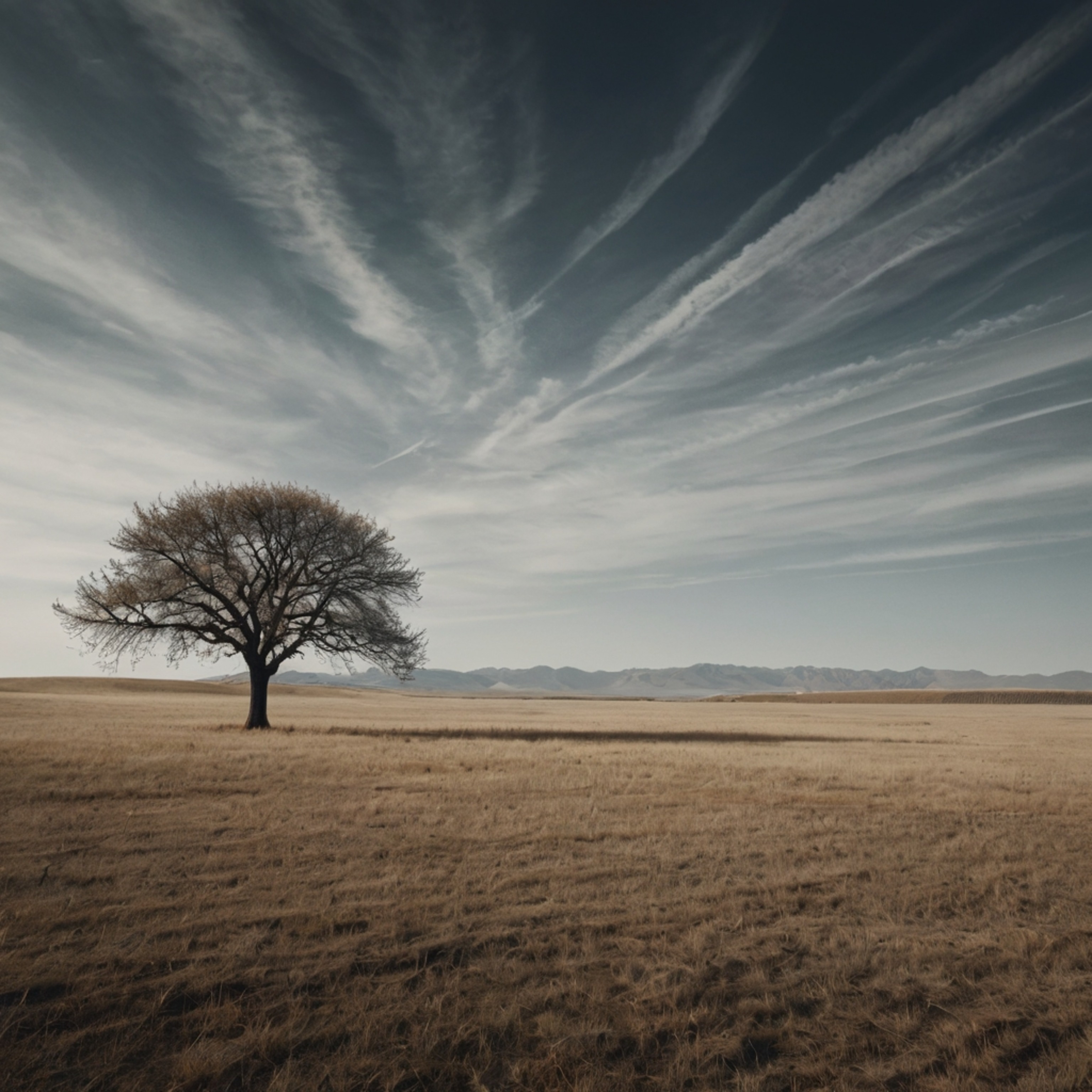 A minimalist sketch featuring a solitary tree in a vast, empty field. The artwork employs bold strokes and sparse detail to c
