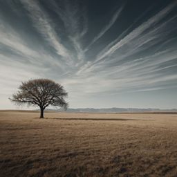 A minimalist sketch featuring a solitary tree in a vast, empty field. The artwork employs bold strokes and sparse detail to c