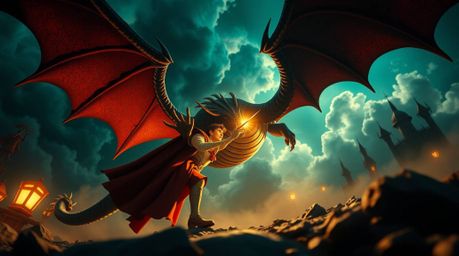 Experience a dreamlike, surreal low-angle perspective of a charming prince locked in combat with a fearsome dragon, all rende