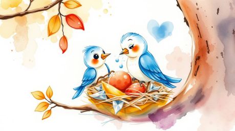 A captivating watercolor painting showcases two charming cartoon birds diligently constructing their nest. Rendered in a cla