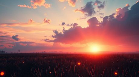Experience a breathtaking, modern, and futuristic sunset scene over a tranquil meadow filled with enchanting fireflies.  Vibr