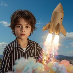 Exquisite high-fashion photography captures a young boy with bright blue eyes and messy brown hair, building a meticulously c