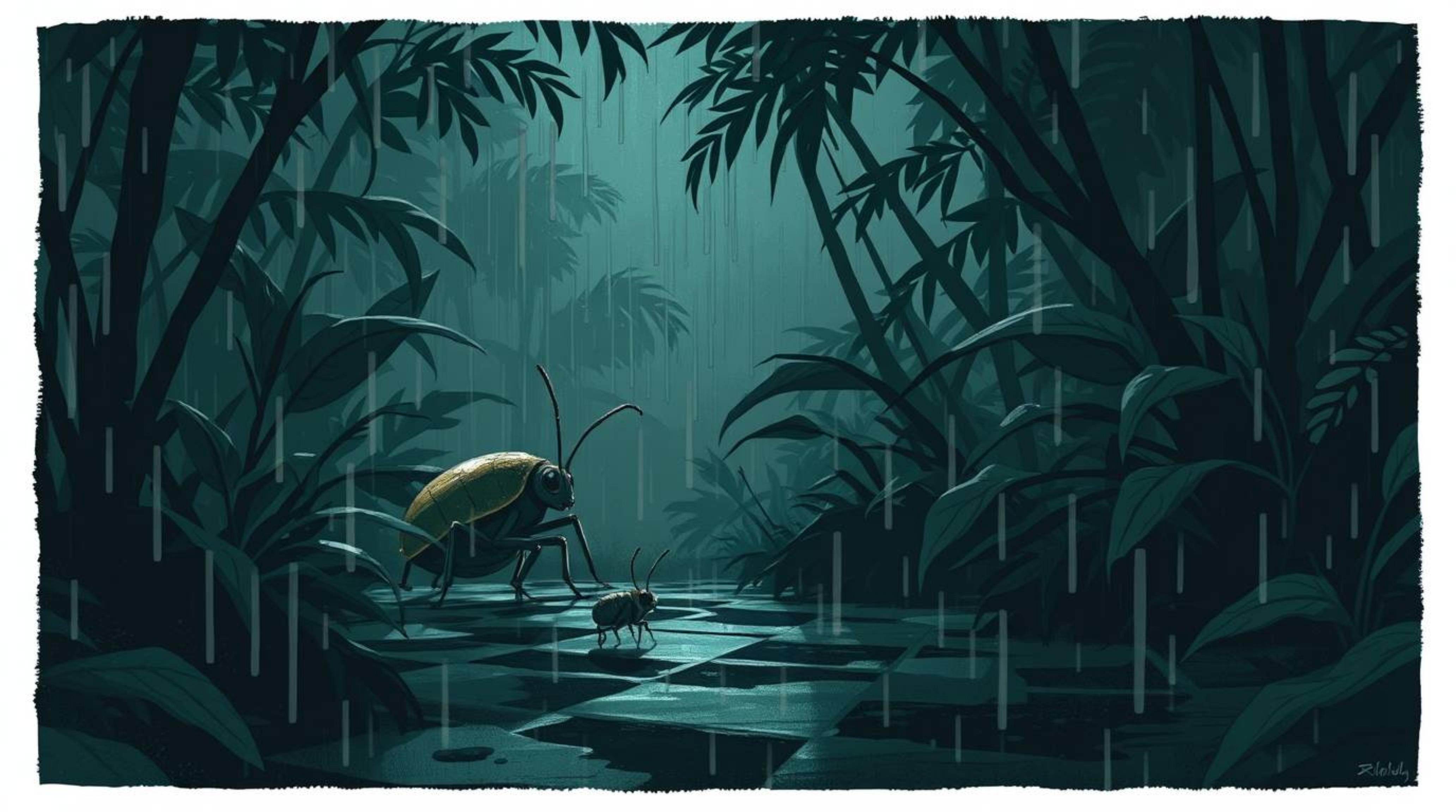 Embark on a captivating journey with a bug-sized hero navigating a rain-drenched backyard jungle. This moody depiction showca