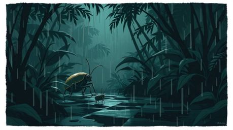 Embark on a captivating journey with a bug-sized hero navigating a rain-drenched backyard jungle. This moody depiction showca