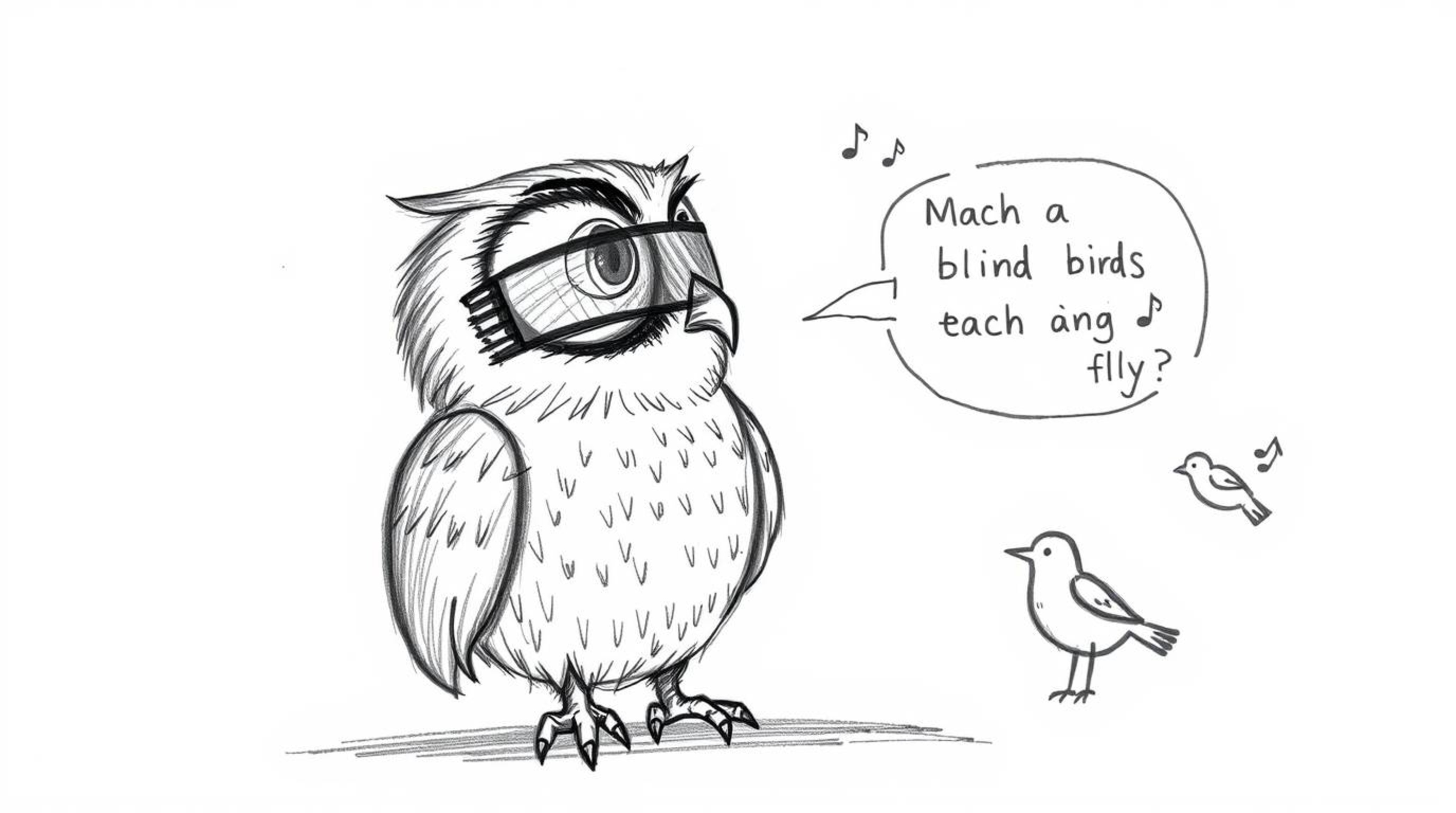 This series of images depicts a heartwarming scene of a blind owl, rendered in a hand-drawn Pixar style, teaching birds how t