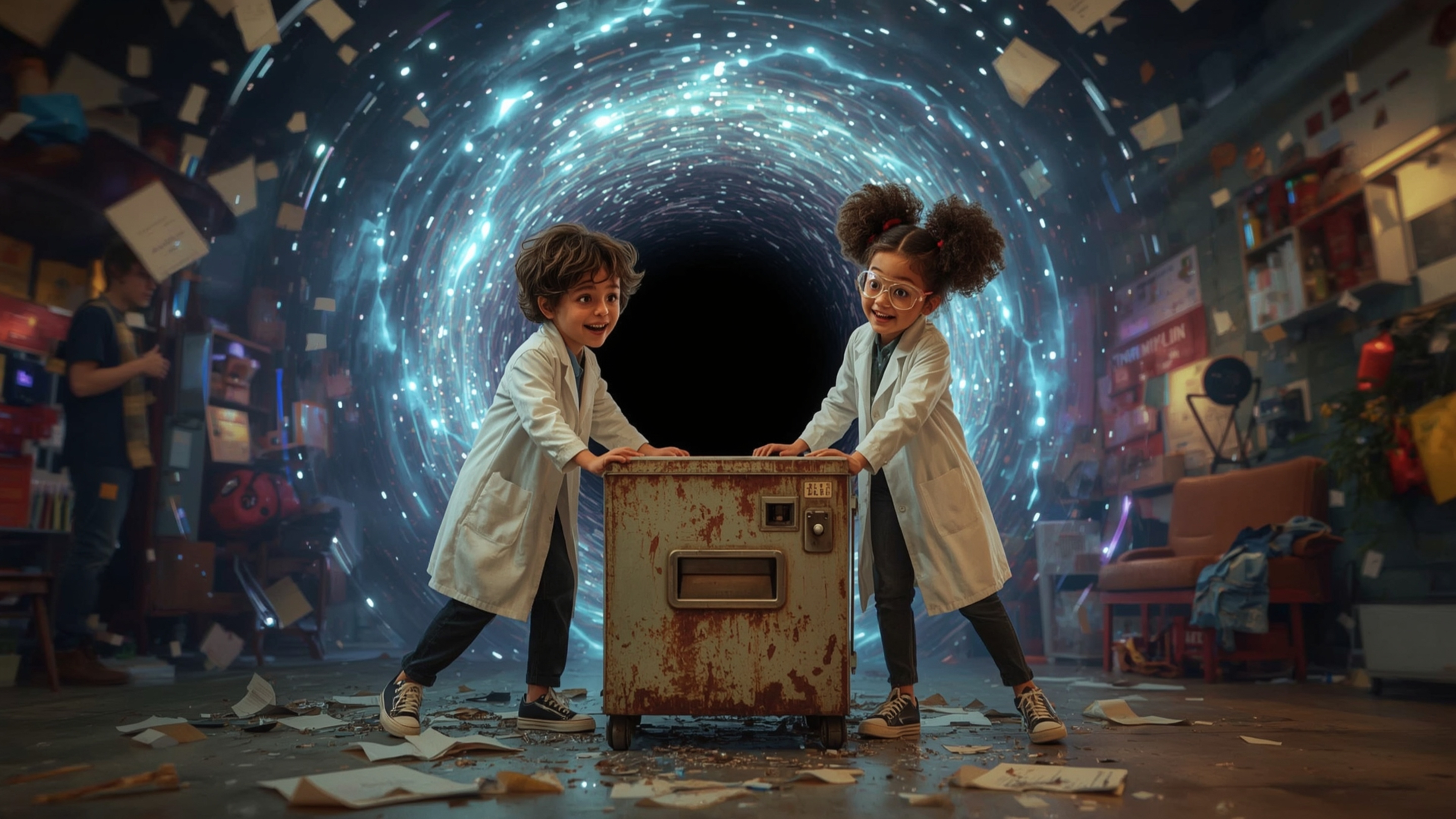 In a vibrant, playful, and chaotic cinematic photo reminiscent of Pixar's fantastical realism, two excited science fair stude