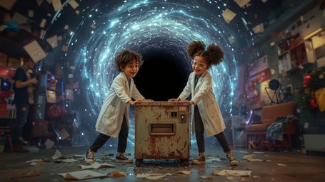 In a vibrant, playful, and chaotic cinematic photo reminiscent of Pixar's fantastical realism, two excited science fair stude