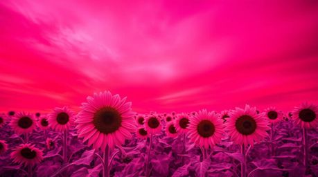 An infrared image captures an adorable and charming sunflower field bathed under a deep red and purple sky, creating surreal 