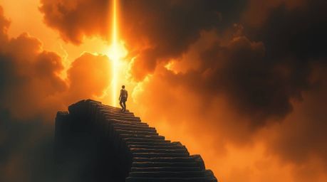 A captivating digital painting showcases a solitary figure ascending a stone staircase bathed in intense, dramatic lighting. 