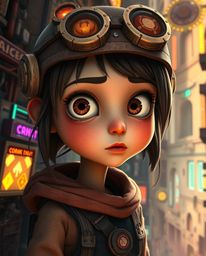 Discover a captivating image of a young inventor girl, rendered in a stunning Pixar-like style using layered papier-mâché.  S