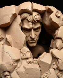 Explore a captivating piece of distinct split sculptural clay art depicting a determined individual with tan skin unearthing 