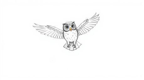 A captivating hand-drawn sketch in the style of Pixar depicts a blind owl, rendered with soft, textured pencil strokes, teach