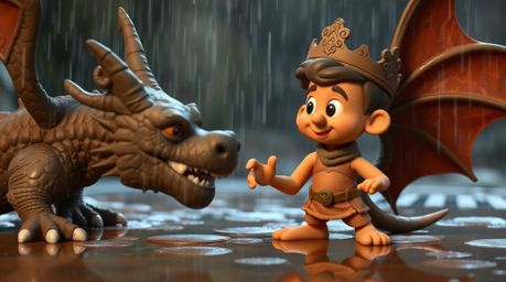 Witness a charming clay prince with meticulously crafted features bravely battling a textured dragon amidst a drizzling rain,