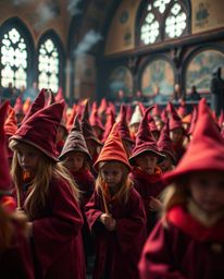 A mesmerizing extreme macro close-up unveils a magical school brimming with young wizards, capturing intricate details and ra