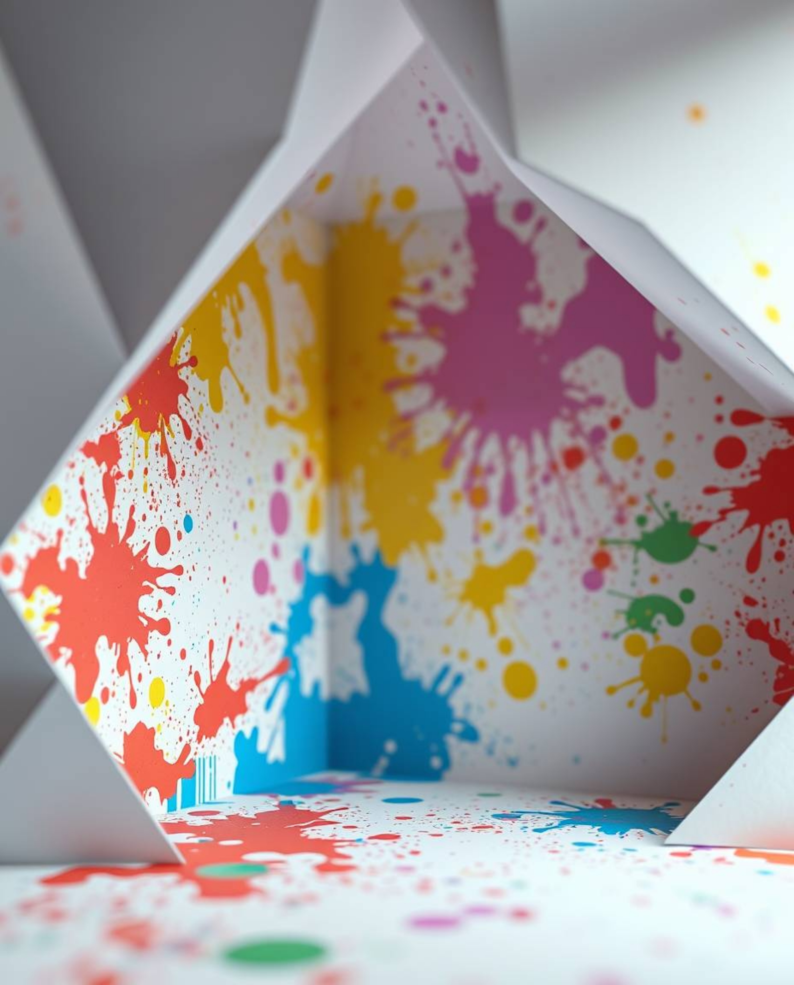 A room explodes in a symphony of vibrant paint, rendered in an intricate origami style. The image features a soft, cinematic 